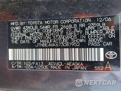 Zdjęcie 12 z 12 samochodu: 2007 TOYOTA CAMRY XLE VIN:JTNBE46K673087952 - miniatura