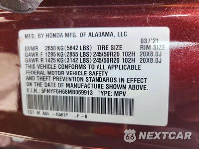 Zdjęcie 14 z 14 samochodu: 2021 HONDA PILOT TOURING VIN:5FNYF6H68MB069913 - miniatura
