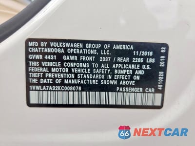 Zdjęcie 13 z 13 samochodu: 2019 VOLKSWAGEN PASSAT WOLFSBURG VIN:1VWLA7A32KC008076 - miniatura