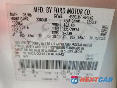 Zdjęcie 13 z 13 samochodu: 2007 FORD ESCAPE XLT VIN:1FMCU03167KA64642 - miniatura