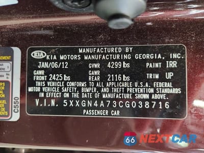 Zdjęcie 12 z 12 samochodu: 2012 KIA OPTIMA EX VIN:5XXGN4A73CG038716 - miniatura