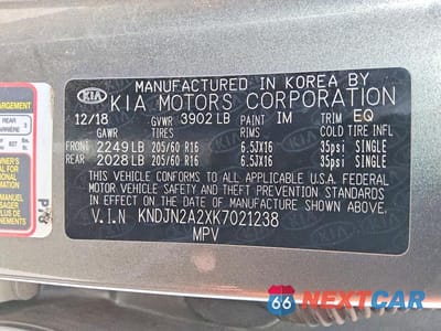 Zdjęcie 12 z 12 samochodu: 2019 KIA SOUL BASE VIN:KNDJN2A2XK7021238 - miniatura