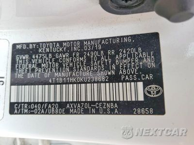 Zdjęcie 12 z 12 samochodu: 2019 TOYOTA CAMRY LE VIN:4T1B11HK0KU238682 - miniatura