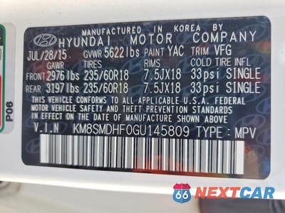 Zdjęcie 13 z 13 samochodu: 2016 HYUNDAI SANTA FE SE VIN:KM8SMDHF0GU145809 - miniatura