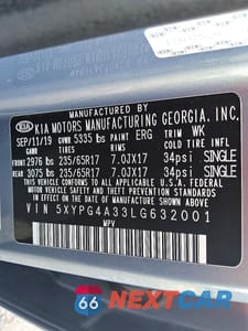 Zdjęcie 13 z 13 samochodu: 2020 KIA SORENTO LX VIN:5XYPG4A33LG632001 - miniatura