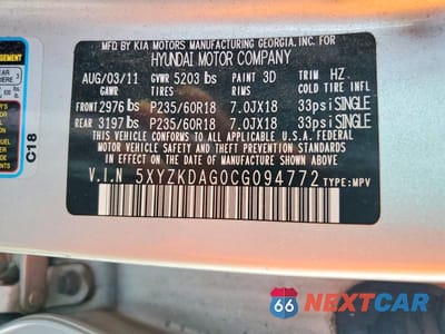 Zdjęcie 13 z 13 samochodu: 2012 HYUNDAI SANTA FE LIMITED VIN:5XYZKDAG0CG094772 - miniatura