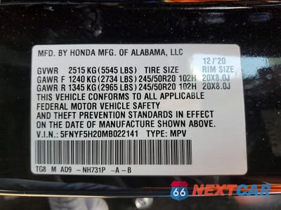 Zdjęcie 13 z 13 samochodu: 2021 HONDA PILOT SE VIN:5FNYF5H20MB022141 - miniatura