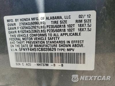Zdjęcie 14 z 14 samochodu: 2012 HONDA PILOT EXL VIN:5FNYF4H51CB039629 - miniatura