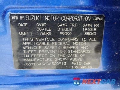 Zdjęcie 12 z 12 samochodu: 2012 SUZUKI SX4 VIN:JS2YB5A36C6300913 - miniatura
