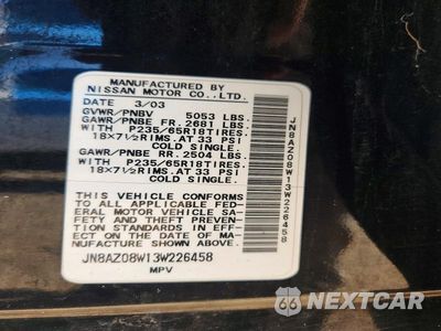 Zdjęcie 12 z 12 samochodu: 2003 NISSAN MURANO SL VIN:JN8AZ08W13W226458 - miniatura