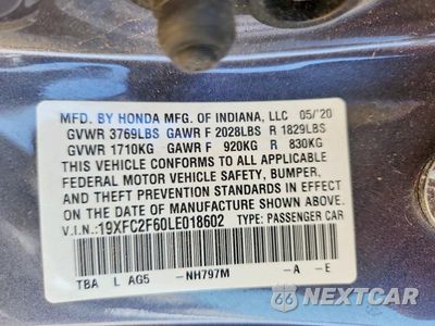 Zdjęcie 12 z 12 samochodu: 2020 HONDA CIVIC LX VIN:19XFC2F60LE018602 - miniatura