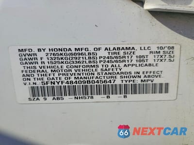 Zdjęcie 13 z 13 samochodu: 2009 HONDA PILOT EX VIN:5FNYF48409B045647 - miniatura