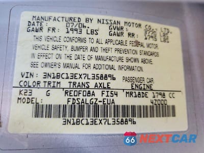 Zdjęcie 12 z 12 samochodu: 2007 NISSAN VERSA 1.8 S VIN:3N1BC13EX7L358896 - miniatura