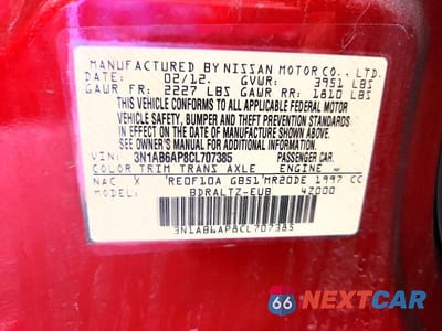 Zdjęcie 12 z 12 samochodu: 2012 NISSAN SENTRA VIN:3N1AB6AP8CL707385 - miniatura