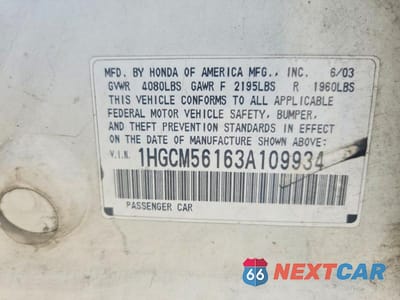 Zdjęcie 12 z 12 samochodu: 2003 HONDA ACCORD DX VIN:1HGCM56163A109934 - miniatura