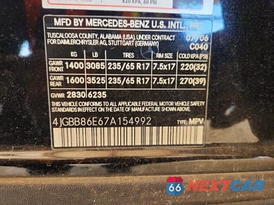 Zdjęcie 13 z 13 samochodu: 2007 MERCEDES-BENZ ML 350 VIN:4JGBB86E67A154992 - miniatura