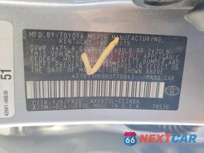 Zdjęcie 12 z 12 samochodu: 2019 TOYOTA CAMRY LE VIN:4T1B11HK6KU770843 - miniatura