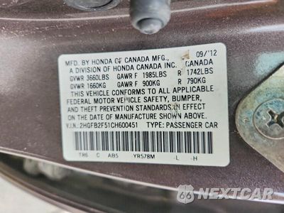 Zdjęcie 13 z 13 samochodu: 2012 HONDA CIVIC LX VIN:2HGFB2F51CH600451 - miniatura