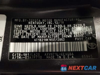 Zdjęcie 12 z 12 samochodu: 2019 TOYOTA CAMRY HYBRID XLE VIN:4T1B21HK1KU513862 - miniatura