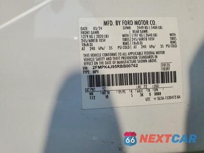 Zdjęcie 12 z 12 samochodu: 2024 FORD EDGE SEL VIN:2FMPK4J95RBB00762 - miniatura