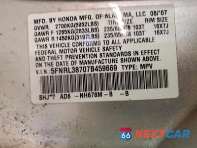Zdjęcie 13 z 13 samochodu: 2007 HONDA ODYSSEY EXL VIN:5FNRL38707B459669 - miniatura