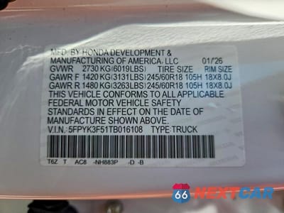 Zdjęcie 12 z 12 samochodu: 2026 HONDA RIDGELINE RTL VIN:5FPYK3F51TB016108 - miniatura