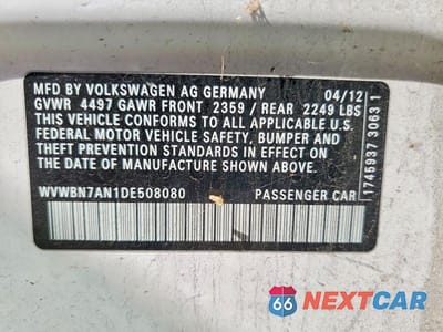 Zdjęcie 12 z 12 samochodu: 2013 VOLKSWAGEN CC SPORT VIN:WVWBN7AN1DE508080 - miniatura