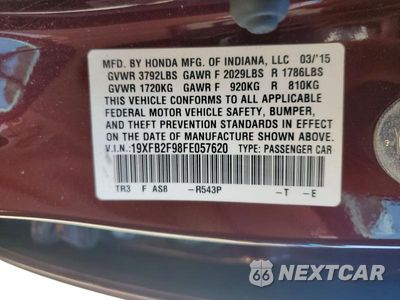 Zdjęcie 13 z 13 samochodu: 2015 HONDA CIVIC EXL VIN:19XFB2F98FE057620 - miniatura