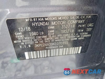 Zdjęcie 12 z 12 samochodu: 2019 HYUNDAI ACCENT SE VIN:3KPC24A39KE070355 - miniatura