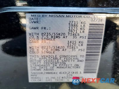 Zdjęcie 14 z 14 samochodu: 2019 NISSAN PATHFINDER PLATINUM VIN:5N1DR2MM6KC602981 - miniatura