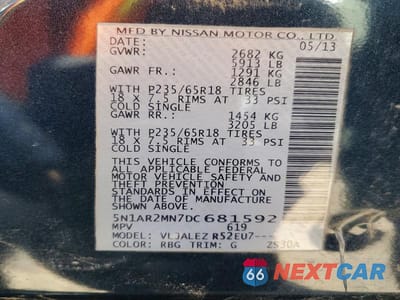Zdjęcie 14 z 14 samochodu: 2013 NISSAN PATHFINDER S VIN:5N1AR2MN7DC681592 - miniatura