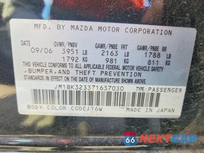 Zdjęcie 12 z 12 samochodu: 2007 MAZDA 3 S VIN:JM1BK323371637030 - miniatura