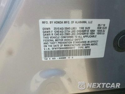 Zdjęcie 13 z 13 samochodu: 2019 HONDA PILOT EXL VIN:5FNYF5H44KB040317 - miniatura