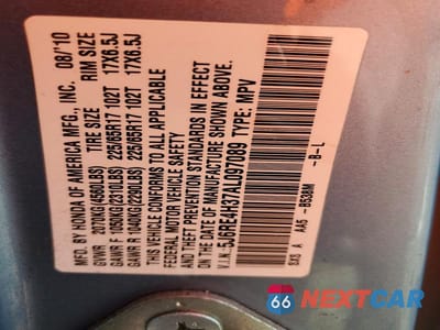 Zdjęcie 14 z 14 samochodu: 2010 HONDA CR-V LX VIN:5J6RE4H37AL097089 - miniatura
