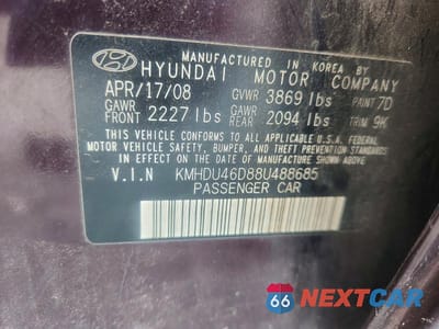 Zdjęcie 12 z 12 samochodu: 2008 HYUNDAI ELANTRA GLS VIN:KMHDU46D88U488685 - miniatura