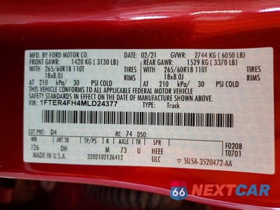 Zdjęcie 12 z 12 samochodu: 2021 FORD RANGER XL VIN:1FTER4FH4MLD24377 - miniatura