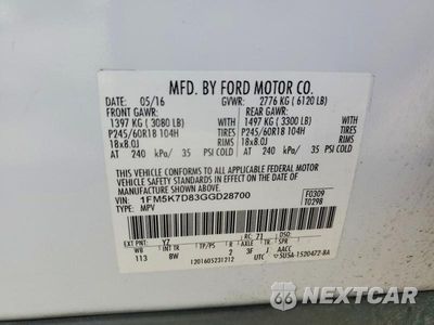 Zdjęcie 13 z 13 samochodu: 2016 FORD EXPLORER XLT VIN:1FM5K7D83GGD28700 - miniatura