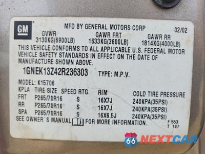 Zdjęcie 14 z 14 samochodu: 2002 CHEVROLET TAHOE VIN:1GNEK13Z42R236303 - miniatura