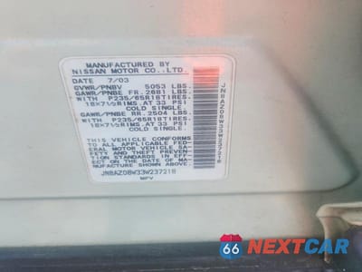 Zdjęcie 12 z 12 samochodu: 2003 NISSAN MURANO SL VIN:JN8AZ08W33W237218 - miniatura