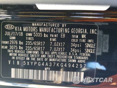 Zdjęcie 13 z 13 samochodu: 2019 KIA SORENTO L VIN:5XYPG4A37KG494297 - miniatura