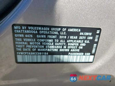 Zdjęcie 13 z 13 samochodu: 2012 VOLKSWAGEN PASSAT SEL VIN:1VWCP7A39CC081154 - miniatura