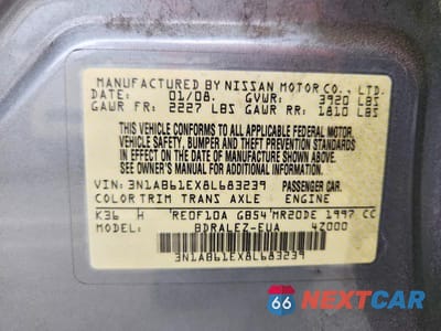 Zdjęcie 13 z 13 samochodu: 2008 NISSAN SENTRA 2.0/2.0S/2.0SL VIN:3N1AB61EX8L683239 - miniatura