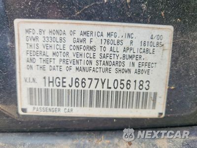 Zdjęcie 12 z 12 samochodu: 2000 HONDA CIVIC LX VIN:1HGEJ6677YL056183 - miniatura