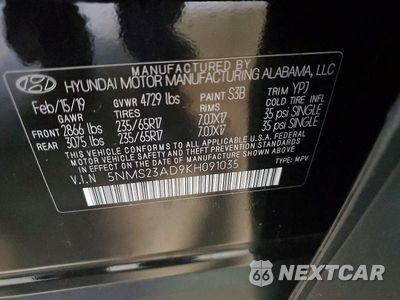 Zdjęcie 12 z 12 samochodu: 2019 HYUNDAI SANTA FE SE VIN:5NMS23AD9KH091035 - miniatura