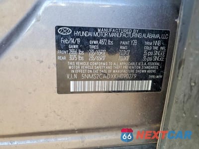 Zdjęcie 12 z 12 samochodu: 2019 HYUNDAI SANTA FE SE VIN:5NMS2CADXKH090279 - miniatura