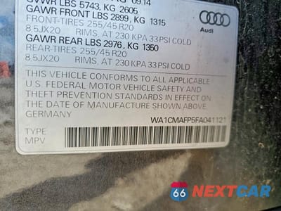 Zdjęcie 12 z 12 samochodu: 2015 AUDI Q5 TDI PREMIUM PLUS VIN:WA1CMAFP5FA041121 - miniatura