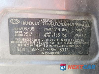 Zdjęcie 12 z 12 samochodu: 2006 HYUNDAI SONATA GLS/LX VIN:5NPEU46F46H098037 - miniatura