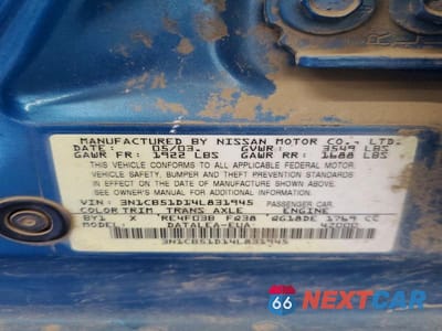 Zdjęcie 12 z 12 samochodu: 2004 NISSAN SENTRA 1.8 VIN:3N1CB51D14L831945 - miniatura