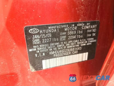 Zdjęcie 12 z 12 samochodu: 2009 HYUNDAI ELANTRA GLS VIN:KMHDU46D29U681643 - miniatura