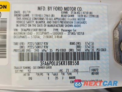 Zdjęcie 12 z 12 samochodu: 2019 FORD FUSION SE VIN:3FA6P0LU5KR188558 - miniatura